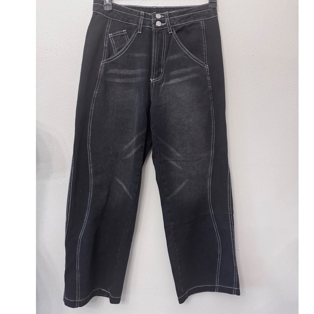 Wide Leg Jeans Womens XS Black High Waisted Denim White Stitch Streetwear grunge